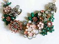 Exquisite Rhinestone Flower Statement Necklace in Emerald Green, Pink and Opal White