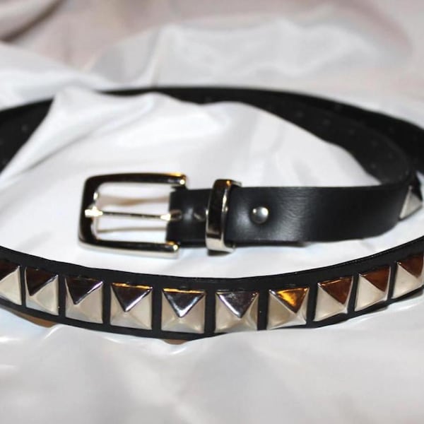 Thin Black Leather Belt with Square Pyramid Silver Tone Studs