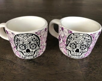 Floral Calavera Espresso Shot Mugs (SET OF 2 PIECES) | Mexican Ceramic Hand Painted Skull Petite Mugs for Coffee or Tea | Coffee Lovers Gift