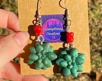 Green and Red Resin Flower Earrings