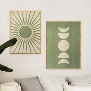 Sun and Moon Print Set: Sage Green Abstract Celestial Wall Art (Digital Download)