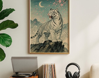 Lámina artística de tigre blanco japonés: decoración de pared de mitología vintage (descarga digital)