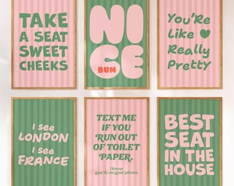 Funny Bathroom Wall Art Prints, Whimsical Bathroom Decor, Set of 6, Digital Download