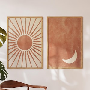 Terracotta Wall Art Celestial Sun and Moon Prints, Neutral Wall Art, Boho Eclectic Home Decor, Aesthetic Room Decor, Earth Tone Wall Art