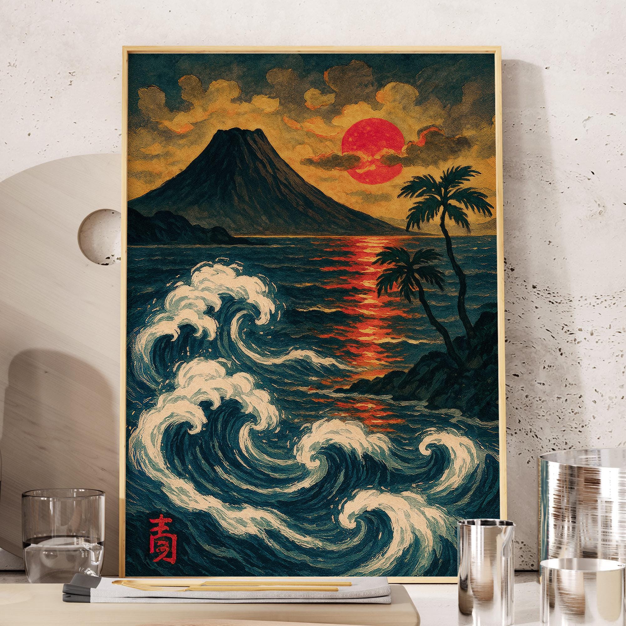 Vintage Japanese Ocean Wave Print: Red Sun Japandi Wall Art (Digital Download)