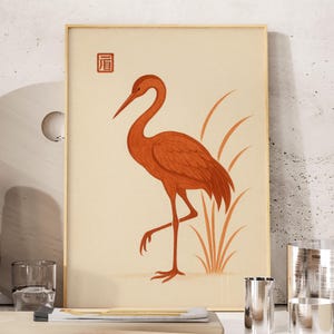 Japanischer Kranich, Wabi Sabi Japandi Vogel Kunst Druck, Poster für Eklektisches Schlafzimmer oder Wohnzimmer, Erdiges Raumdekor, Terrakotta Wandkunst