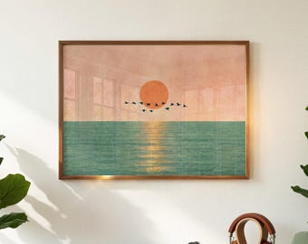 Mid Century Modern Abstract Landscape Painting, Japandi Wall Art, Sage Green, Digital Download