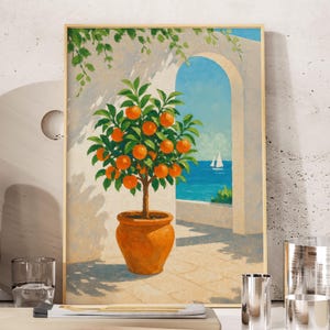 Arte mural de naranjo con vista al mar en estilo mediterráneo, arte mural botánico costero, póster de casa de playa de verano en terracota y azul.