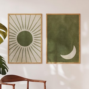 セージグリーンのウォールアート、抽象的なボヘミアン風、ベッド上のアート、ミッドセンチュリーモダン、太陽と月、日本のリビングルームアート、2枚セット、デジタルダウンロード