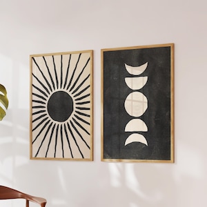 Väggkonst med sol och måne från mitten av århundradet, neutral konst ovanför sängen, digital nedladdning