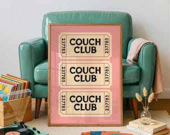 Couch Club Ticket Poster, Above Couch Art, Retro Living Room Prints, Digital Download