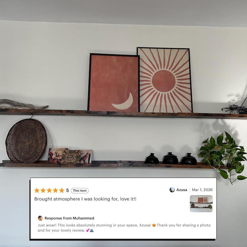 Sztuka ścienna z terakoty: niebiańskie słońce i księżyc, sztuka nad łóżkiem, wystrój domu w stylu boho i eklektycznym, estetyczny wystrój pokoju, sztuka ścienna w stylu ziemistym, cyfrowa zdjęcie 2