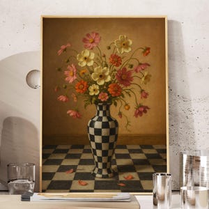 Impresión de bodegón floral vintage con jarrón a cuadros y flores silvestres, impresión botánica melancólica para decoración rústica de cocina o sala de estar.