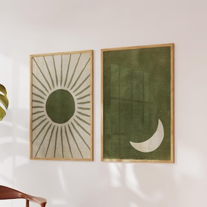 Sage Green Wall Art Abstract Boho, Olive Green Wall Art, Sun and Moon Wall Print, Set of 2 Art Prints,Day and Night Art,Boho Minimalist Gift