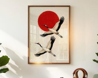 Japanese Crane Wall Art, Japandi Art Print, Neutral Home Decor, Red Sun, Digital Download