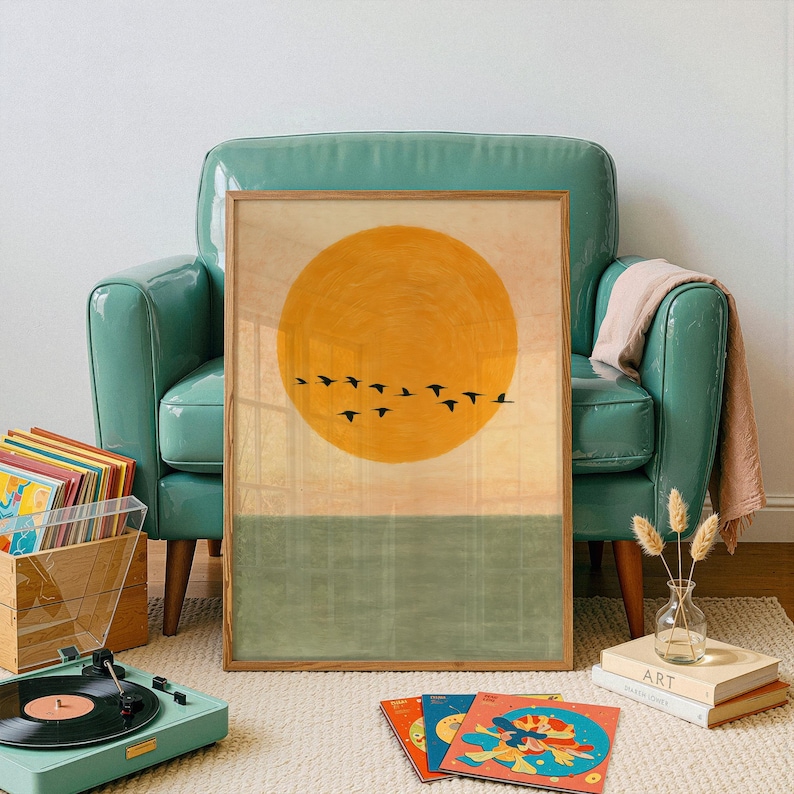 Mid-Century Modern Rising Sun Art Print, Japanese Landscape Wall Art, Digital Download image 1