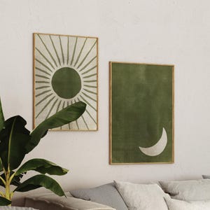 Sage Green Abstract Boho Wall Art, Above Bed Art, Mid Century Modern, Sun and Moon, Japanese Living Room Art, Set of 2, Digital Download