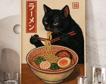 Funny Black Cat Ramen Print: Japanese Retro Kitchen Art (Digital Download)