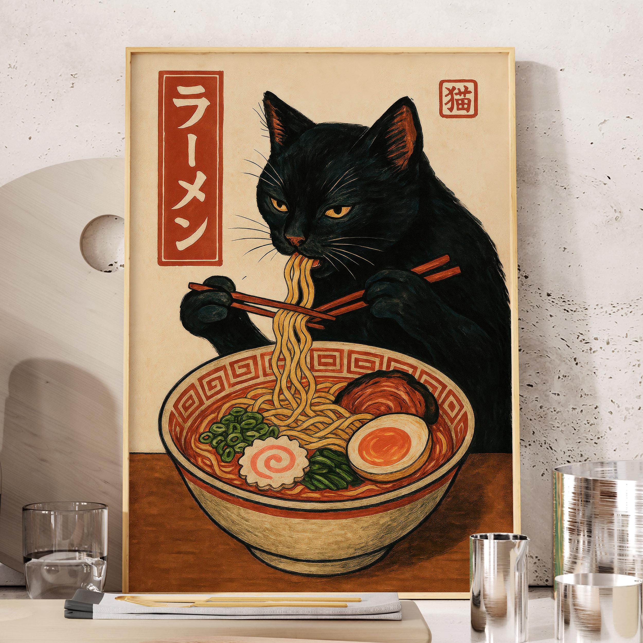 Funny Black Cat Eating Ramen, Japanese Food Poster, Japanese Kitchen Print, Japanese Retro Wall Art Print, Cat Lover Gifts, Noodle Cat Print