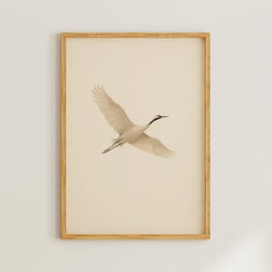 Minimalistischer Japandi Fliegender Kran Wand Kunst Druck, Neutraler Japanischer Zen Vogel Poster, Ruhige Ästhetische Dekoration für Wohnzimmer oder Schlafzimmer