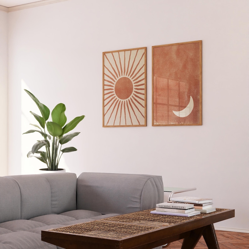 Terracotta Wall Art Celestial Sun and Moon Prints, Neutral Wall Art, Boho Eclectic Home Decor, Aesthetic Room Decor, Earth Tone Wall Art