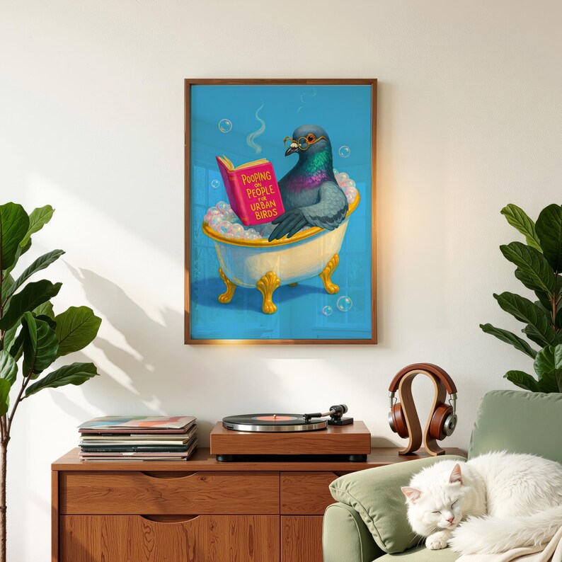 Arte divertido para el baño, arte animal caprichoso, libro de palomas leyendo, cagando sobre personas, descarga digital imagen 4