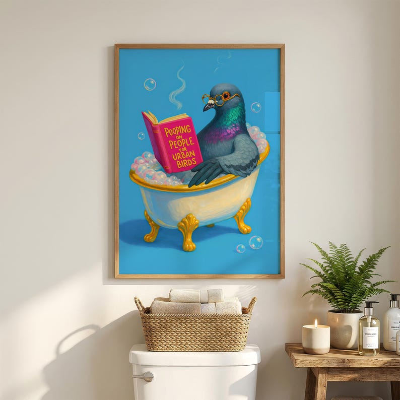 Arte divertido para el baño, arte animal caprichoso, libro de palomas leyendo, cagando sobre personas, descarga digital imagen 2