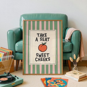 Impresión "Toma asiento, mejillas dulces", arte divertido para el baño, rayas rosas y verdes, descarga digital