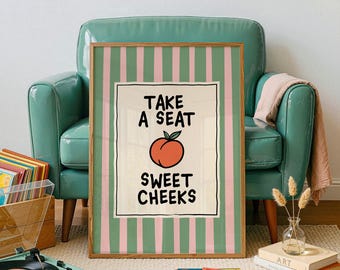 Impresión "Toma asiento, mejillas dulces", arte divertido para el baño, rayas rosas y verdes, descarga digital
