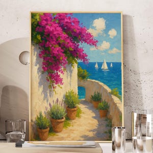 Arte mural costero mediterráneo con buganvillas y veleros, póster de casa de playa, pintura de paisaje oceánico, lámina de arte mural de verano