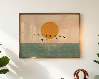Mid Century Modern Rising Sun Above Bed Art, Japanese Abstract Landscape Art Painting, Wabi Sabi Wall Art, Horizontal, Digital Download