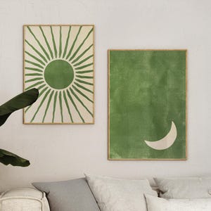 Boho Sage Green Sun and Moon Print Set: Japandi Wall Art (Digital Download)