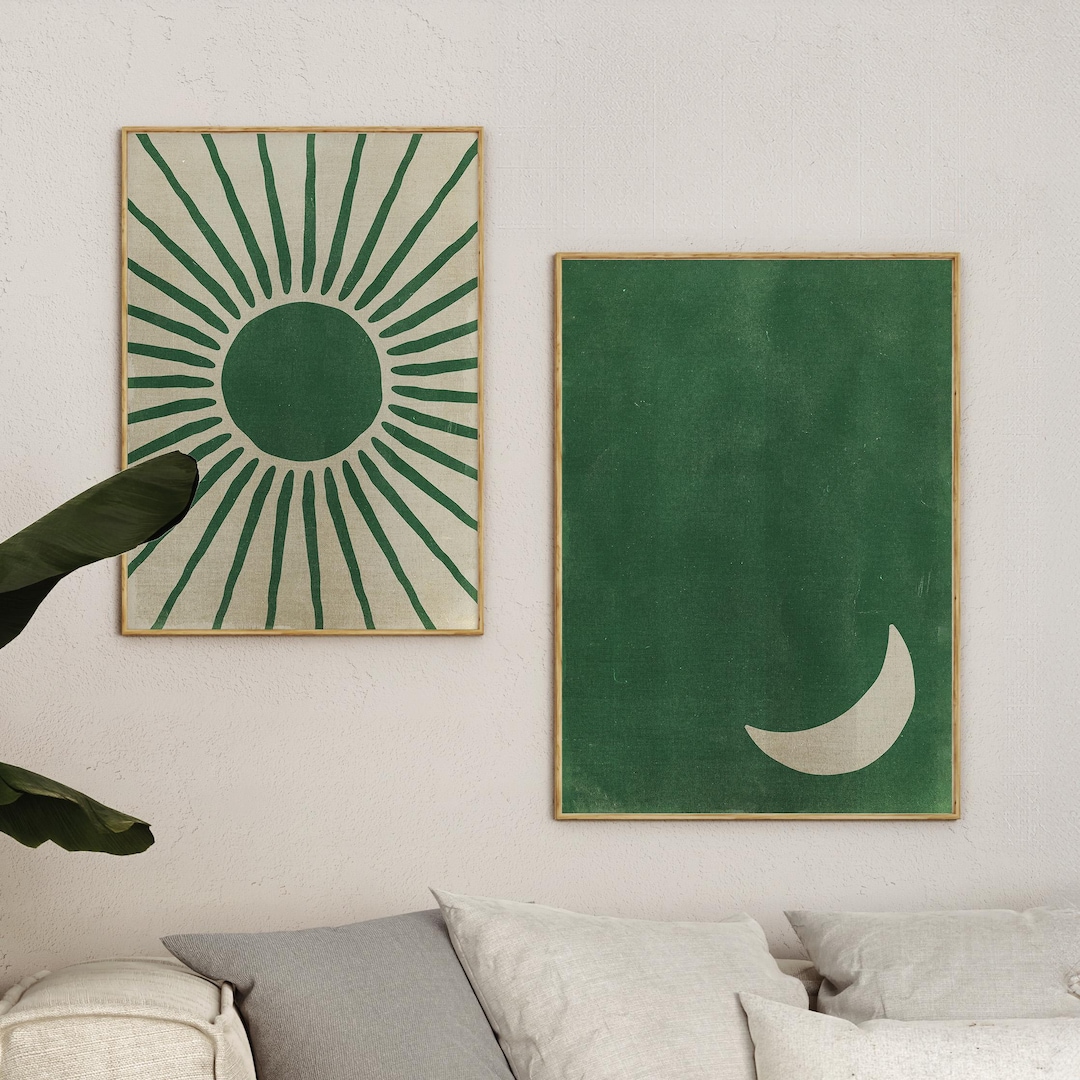 Sage Green Boho Living Room Wall Decor, Eclectic Dark Green Home Decor ...