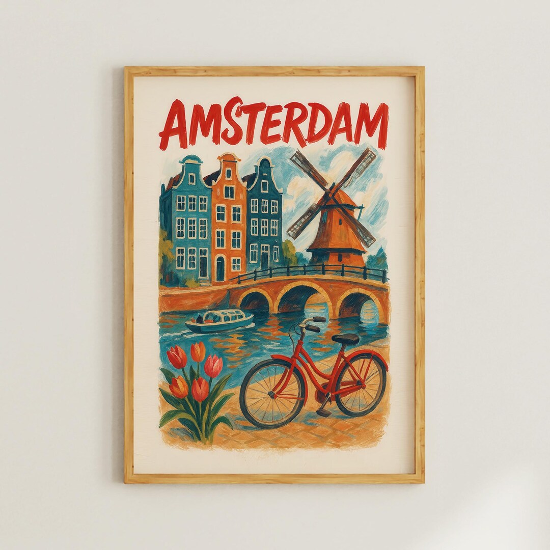 Retro Amsterdam Travel Wall Art Poster Featuring Classic Dutch Houses ...