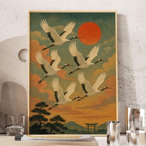 Vintage japanische Kranich-Wandkunst, japanische rote Sonnendruck mit Torii-Tor, traditionelles japanisches Vogelplakat, Maximalist Wabi Sabi Japandi Art