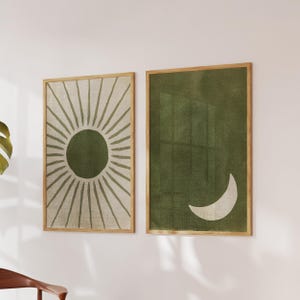 セージグリーンの太陽と月のウォールアート、抽象画プリント、ミッドセンチュリーモダン、2枚セット、デジタルダウンロード