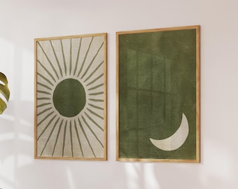 Sage Green Sun and Moon Wall Art, Abstract Art Print, Mid Century Modern, Set of 2, Digital Download