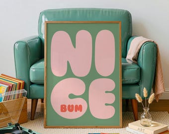 Arte divertido para el baño, impresión de trasero bonito, verde salvia y rosa, humor de baño, descarga digital