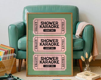 Shower Karaoke Funny Bathroom Wall Art, Retro Ticket Print, Pink and Green, Digital Download