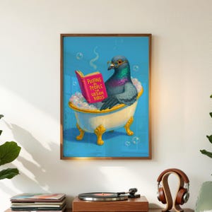 Arte divertido para el baño, arte animal caprichoso, libro de palomas leyendo, cagando sobre personas, descarga digital imagen 1