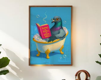Funny Bathroom Art, Whimsical Animal Art, Pigeon Reading Book, Pooping on People, Digital Download