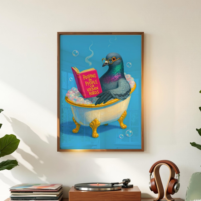Arte divertido para el baño, arte animal caprichoso, libro de palomas leyendo, cagando sobre personas, descarga digital imagen 1