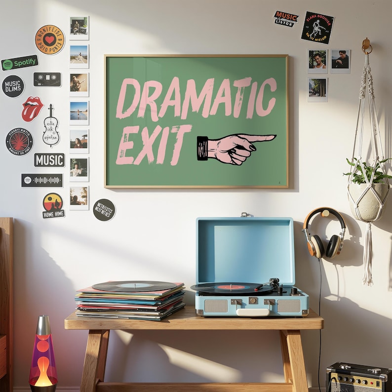 Dramatic Exit Print: Funny Hallway Wall Art, Sage Green Horizontal Print, Digital Download image 9