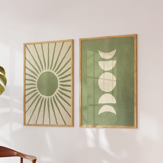 Sun and Moon Print Set: Sage Green Abstract Celestial Wall Art (Digital Download)