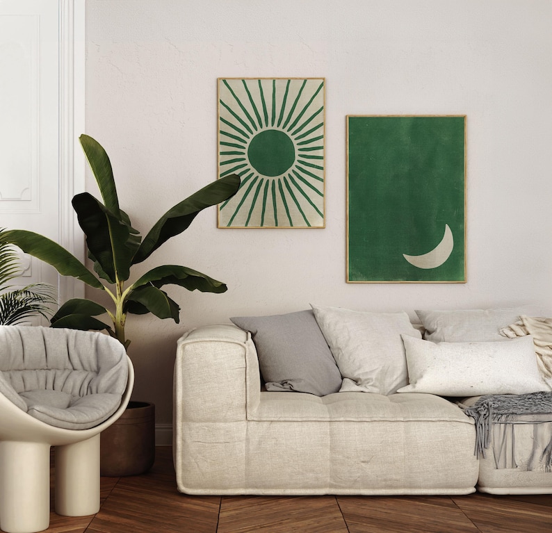 Sage Green Boho Living Room Wall Decor, Eclectic Dark Green Home Decor, Minimalist Boho Prints ...
