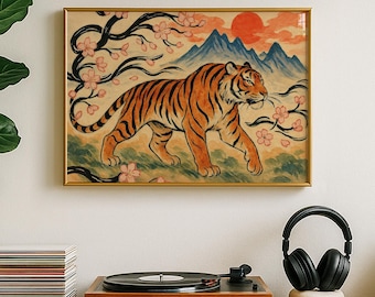 Vintage Japanese Wall Art with Maximalist Tiger Print, Japanese Tiger Painting, Traditional Japandi Art, Horizontal Wall Art, Large Wall Art