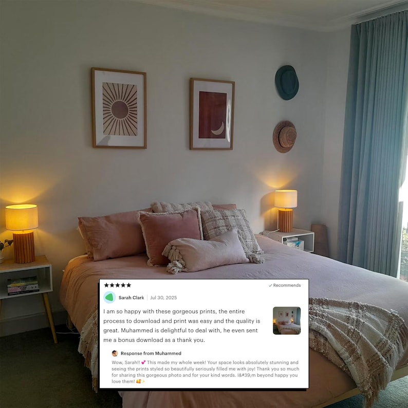 Sztuka ścienna z terakoty: niebiańskie słońce i księżyc, sztuka nad łóżkiem, wystrój domu w stylu boho i eklektycznym, estetyczny wystrój pokoju, sztuka ścienna w stylu ziemistym, cyfrowa zdjęcie 6