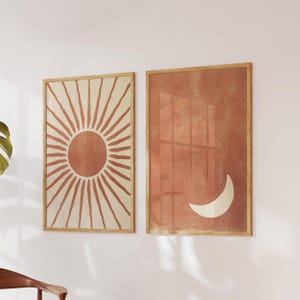 Arte de parede em terracota com sol e lua celestiais, arte para colocar acima da cama, decoração boho eclética para casa, decoração estética para quarto, arte de parede rústica, digital