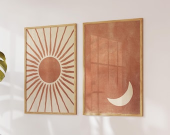 Terracotta Wall Art Celestial Sun and Moon Art, Above Bed Art, Boho Eclectic Home Decor, Aesthetic Room Decor, Earthy Wall Art, Digital