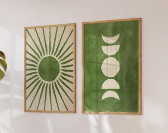 Sage Green Sun and Moon Japanese Wall Art, Boho Abstract Art Print, Digital Download